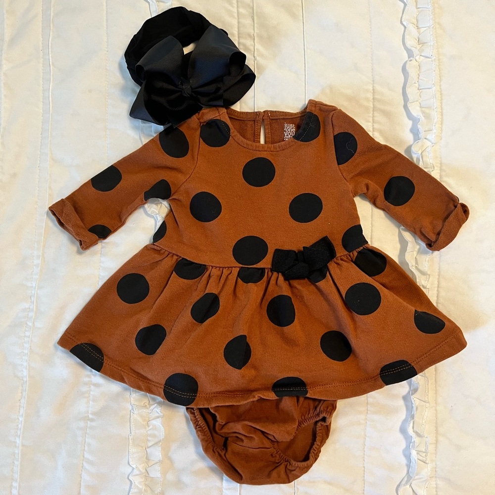 Carter’s long sleeve polka dot dress with diaper cover and matching headband bow
